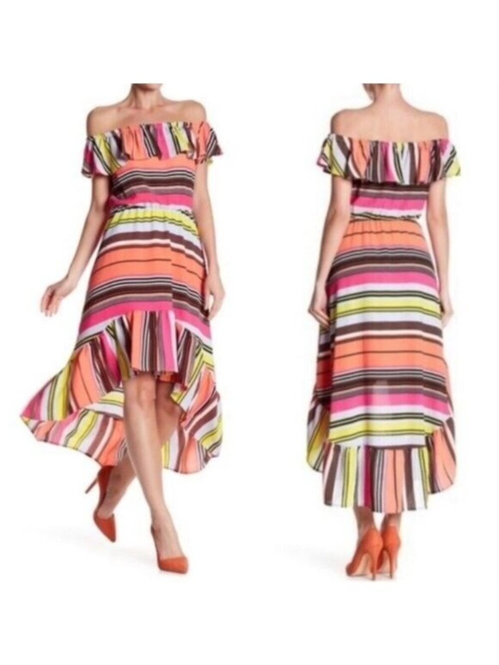 Charles Henry Size M Striped Off-The-Shoulder Ruffle High-Low Dress Multicolor